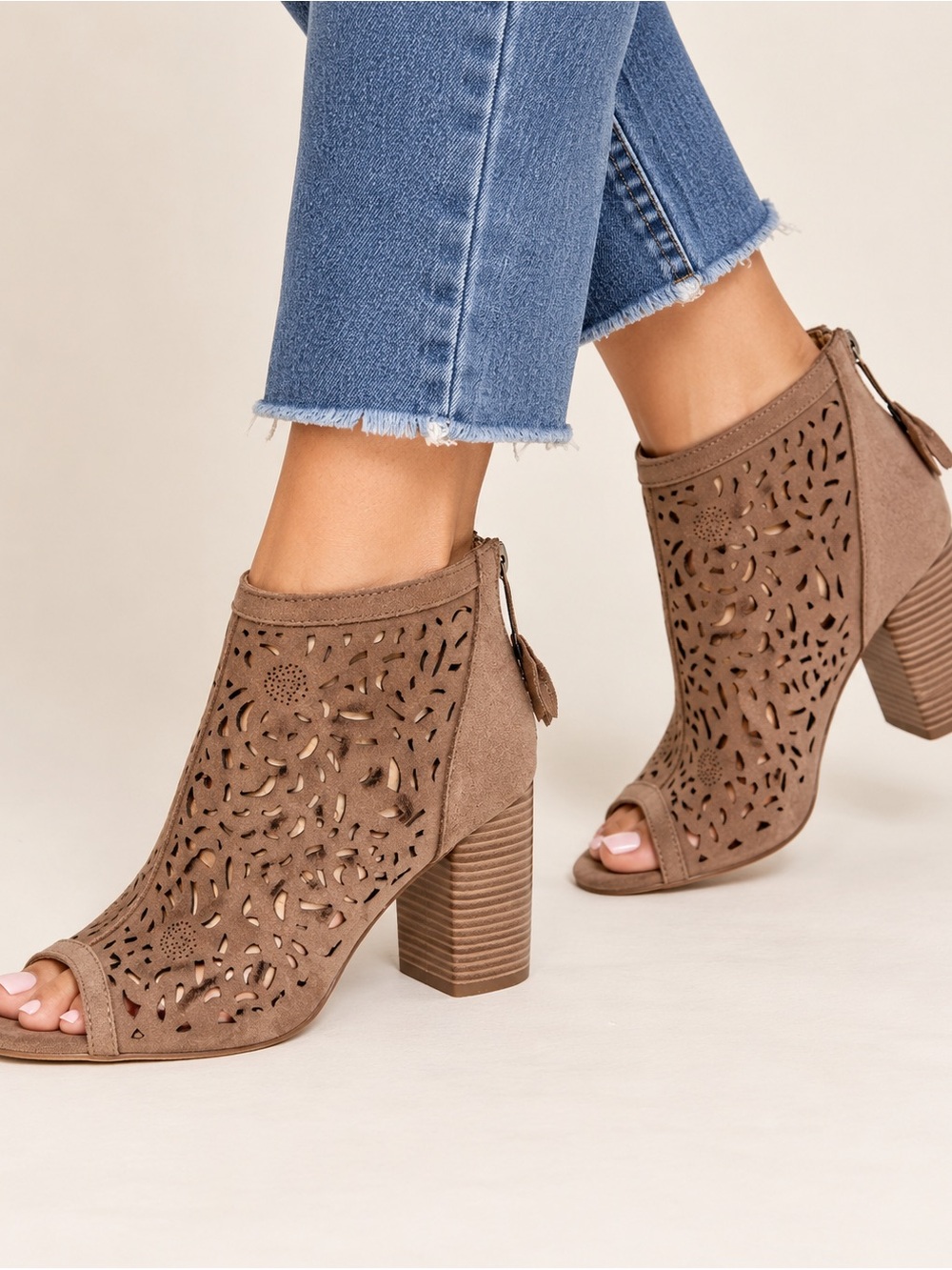 268. American Rag Taupe Laser-Cut Peep-Toe Block Heel Booties